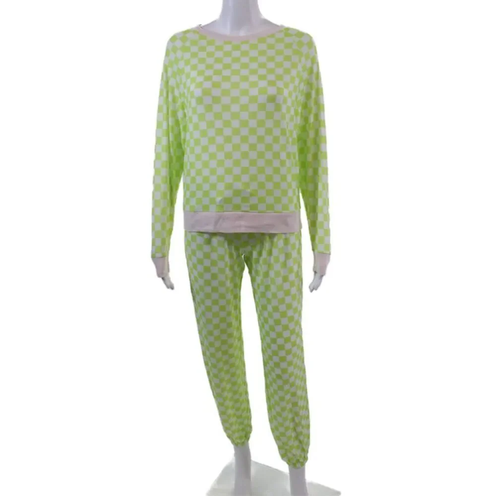 Honeydew Womens Checkered Print Long Sleeve Soft Pajama Set Green Sz XS